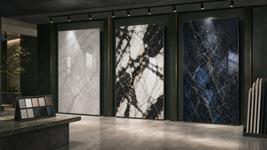 Illustrated glossy sintered stone slab showroom with pale grey, black-and-white and blue-black polished surfaces