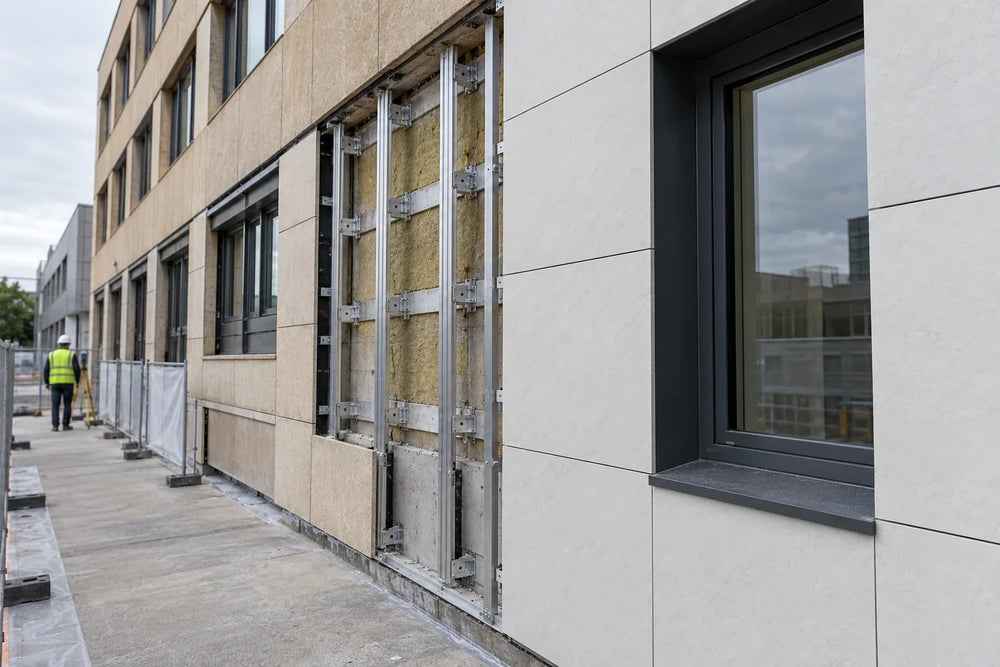 Porcelain facade renovation with new panels and a partially exposed supporting wall