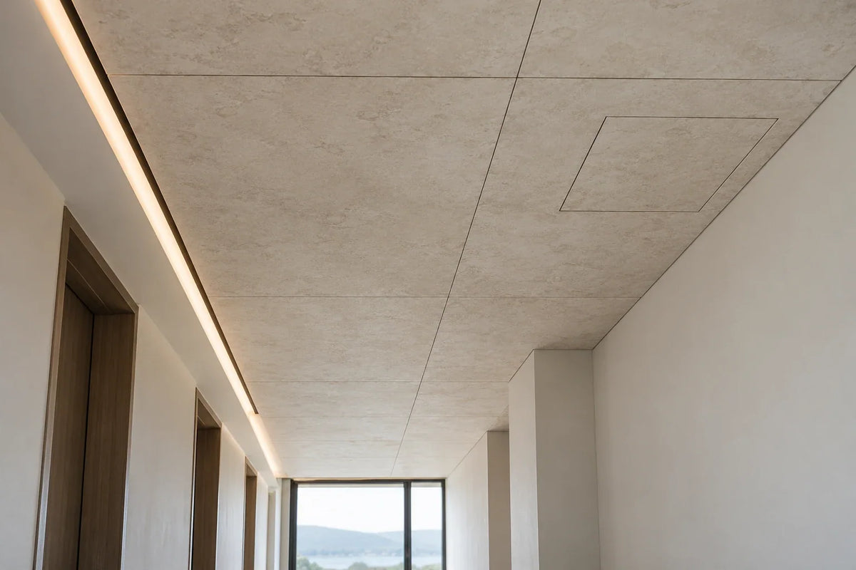 Pale stone-look porcelain panels across a commercial reception ceiling
