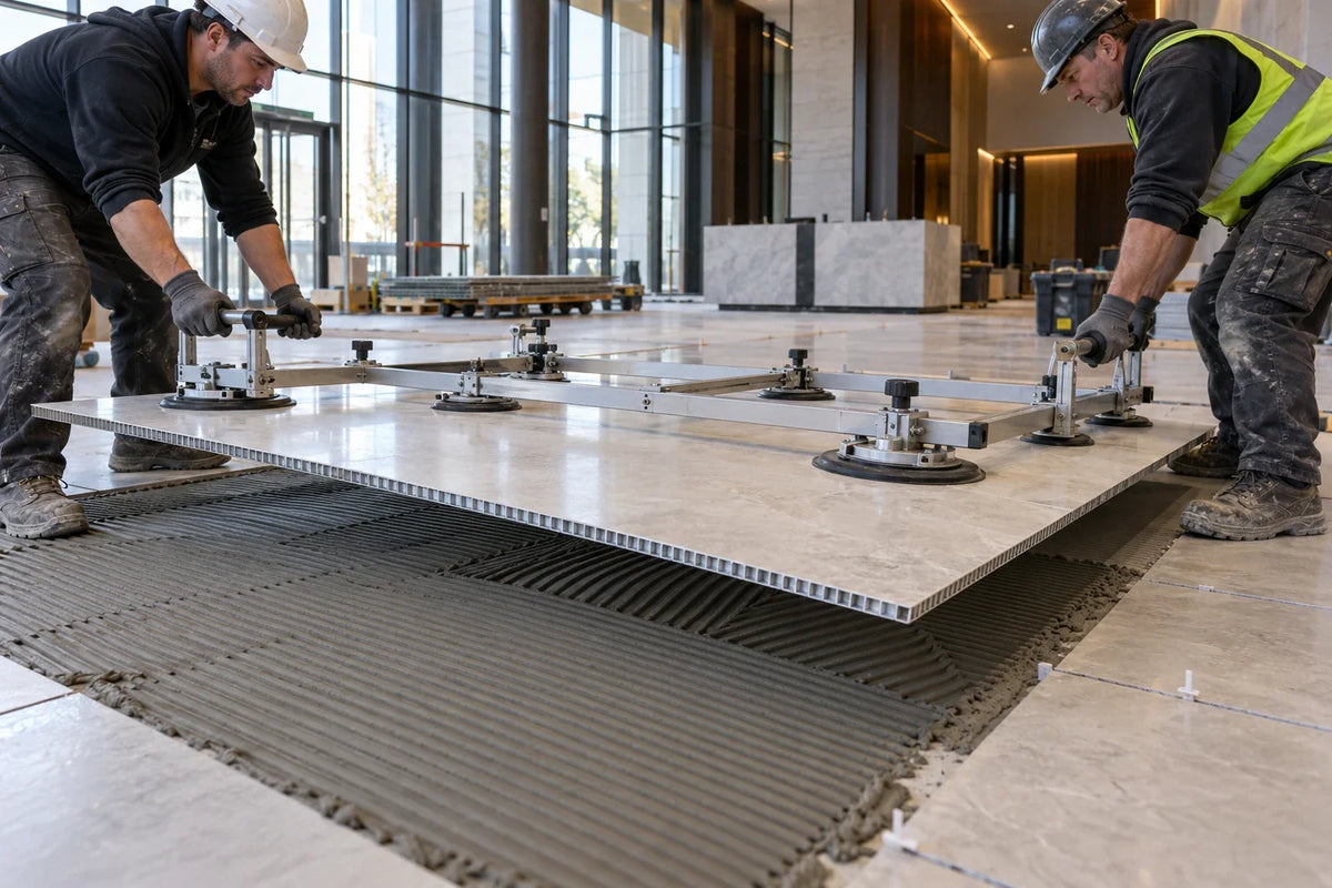Installers positioning a large porcelain honeycomb floor panel over a continuous adhesive bed