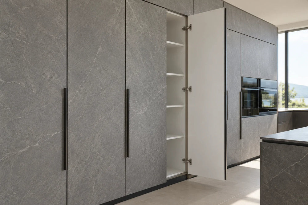 Tall matte stone-look porcelain cabinet fronts with narrow joints and black pulls