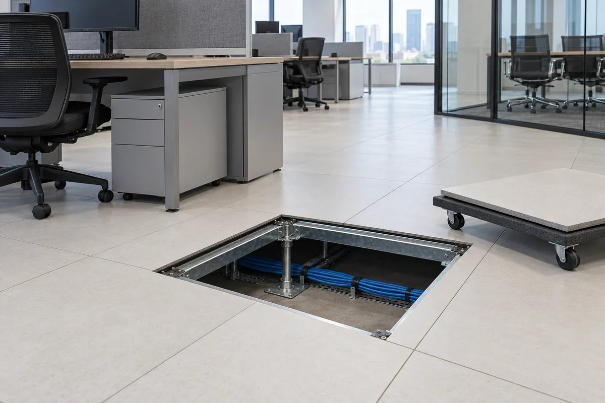 Porcelain modular office floor with an open service bay and separate supporting structure