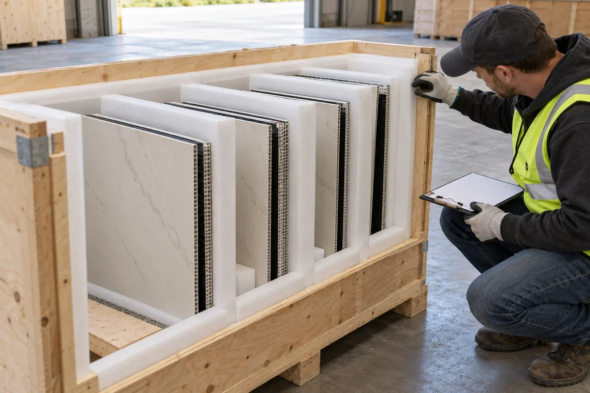 Protected porcelain honeycomb panels prepared for delivery and receiving