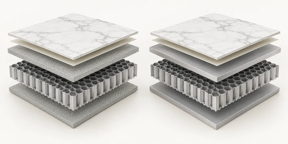 Porcelain honeycomb panel construction with PU fiberglass skins and aluminum skins shown around matching aluminum honeycomb cores