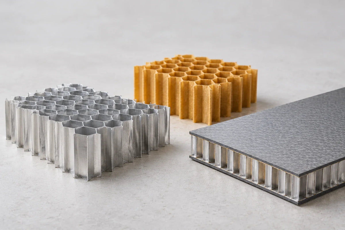 Aluminum and paper honeycomb cores beside a bonded sandwich-panel sample