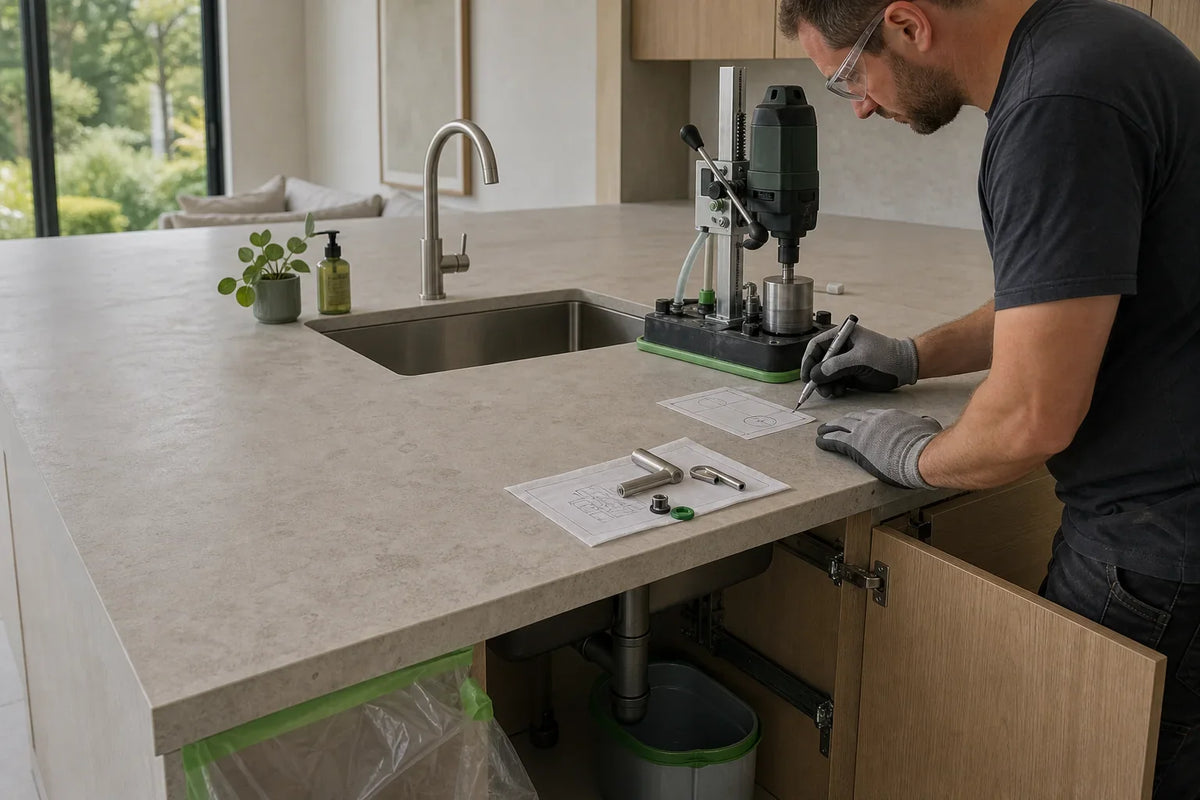 Stone fabricator reviewing a proposed faucet hole in an already-installed sintered stone countertop with the cabinet open below