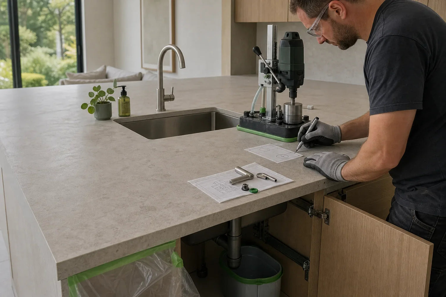 Stone fabricator reviewing a proposed faucet hole in an already-installed sintered stone countertop with the cabinet open below