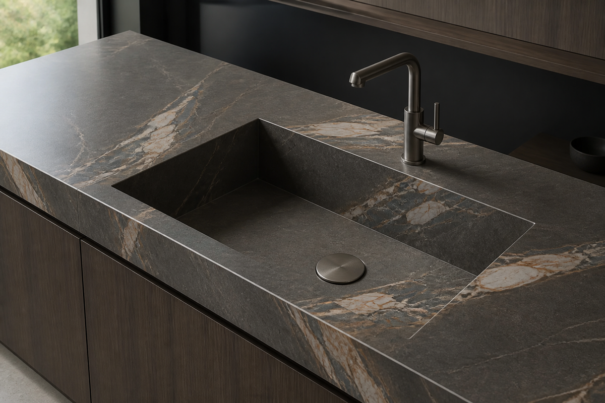 Grey sintered stone countertop with a fabricated integrated sink and sloped basin