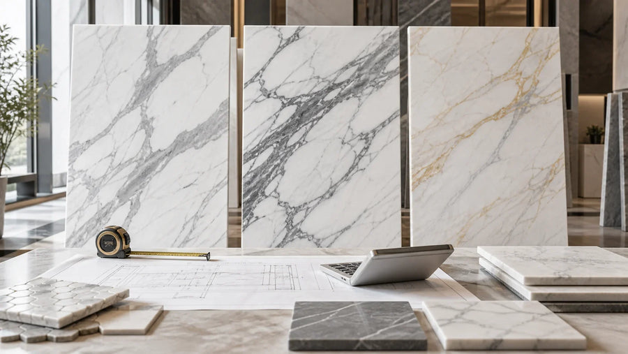Italian marble slab selection with project drawings and measuring tools for price planning