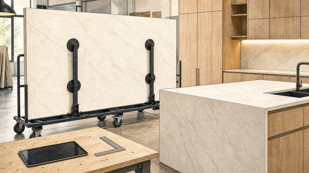 Architectural illustration of a large-format porcelain slab on a professional handling frame beside a finished kitchen island.