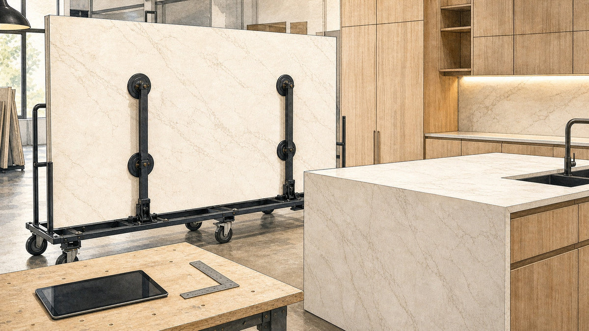 Architectural illustration of a large-format porcelain slab on a professional handling frame beside a finished kitchen island.