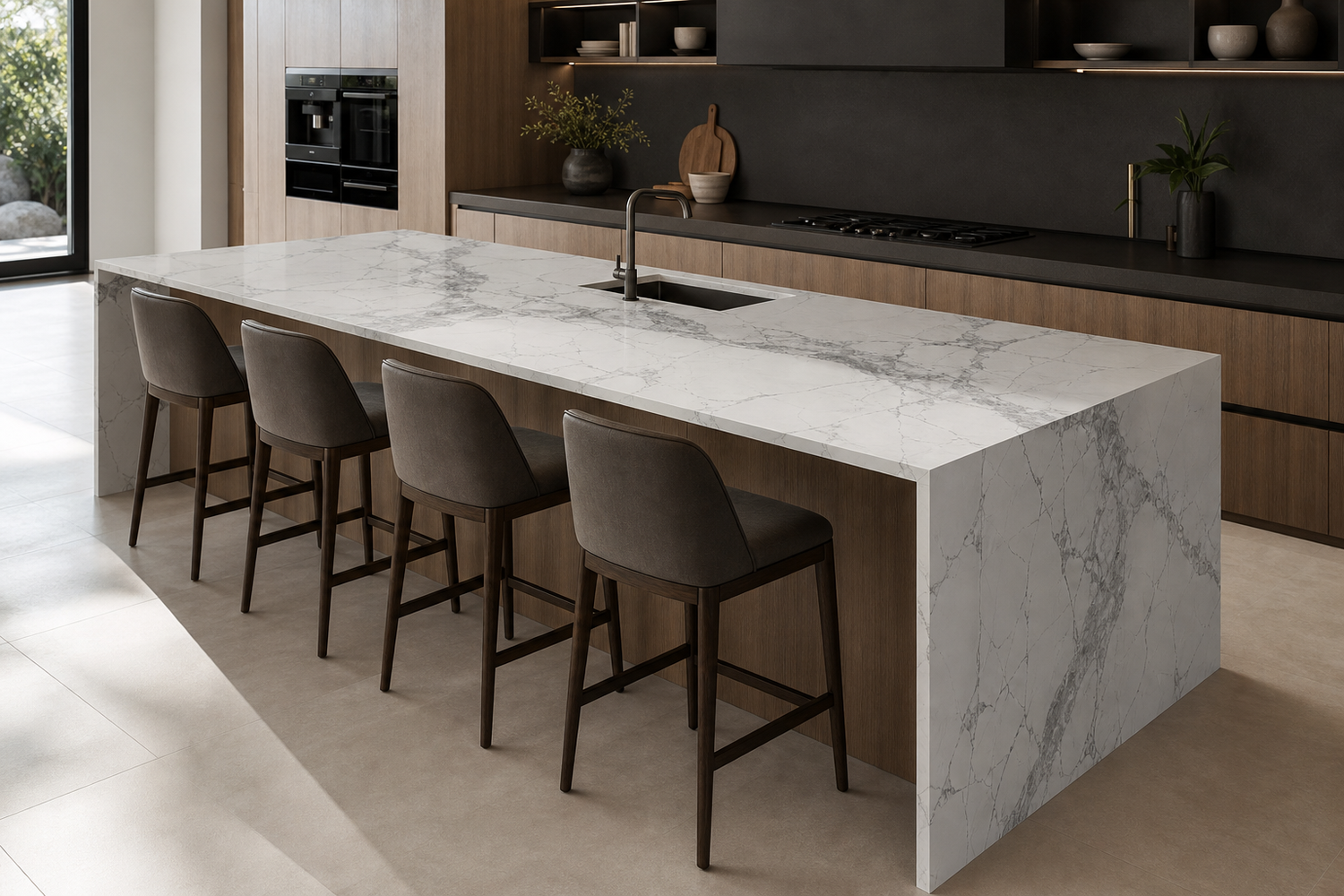Modern kitchen island with four seats and a white-grey sintered stone waterfall surface