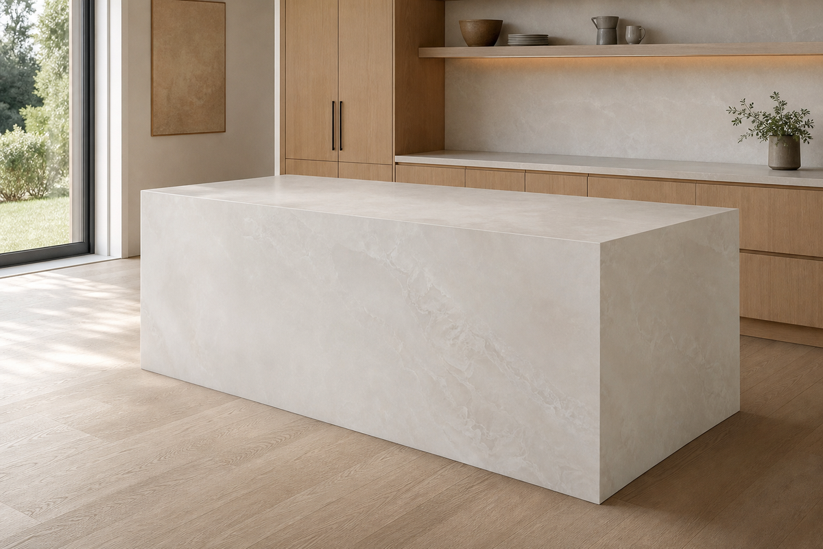 Warm ivory natural-stone-look sintered stone waterfall kitchen island in a modern oak kitchen