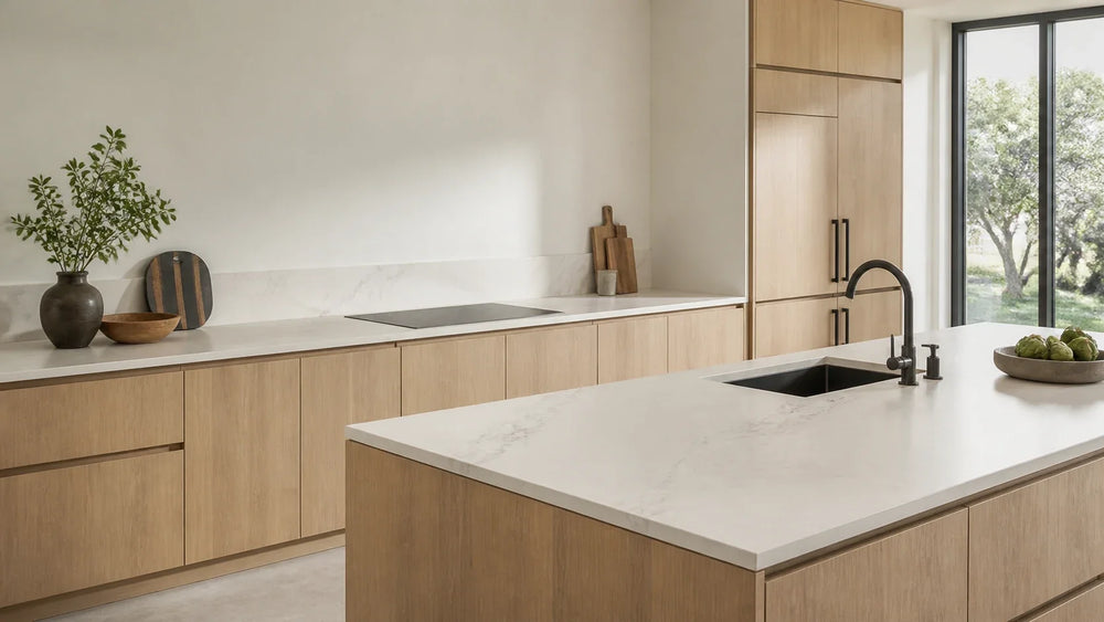Cuisine moderne avec meubles en chêne, plan de travail en pierre frittée blanc chaud veiné et crédence assortie