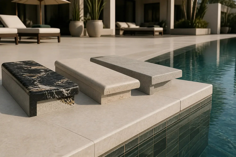 Porcelain natural stone and concrete coping profile samples beside a pool