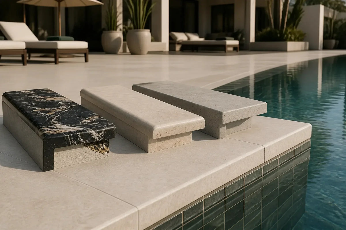 Porcelain natural stone and concrete coping profile samples beside a pool