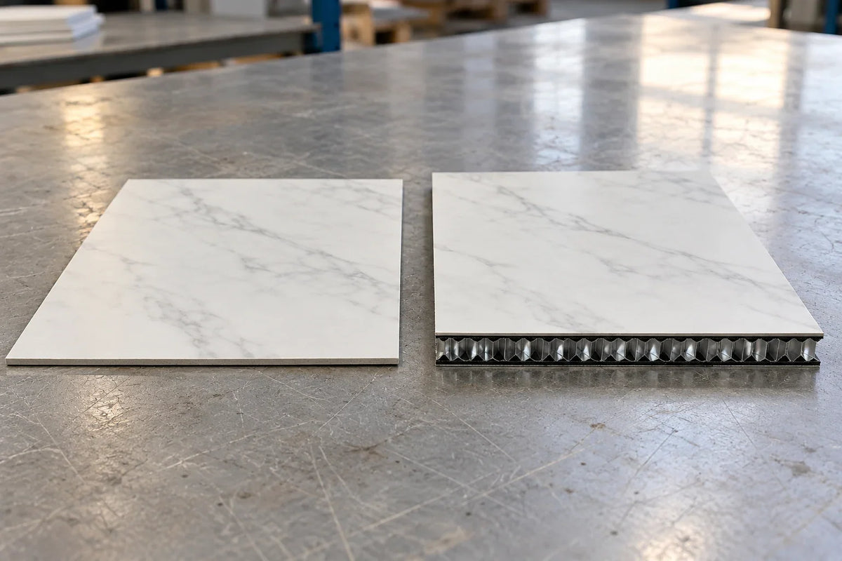 Unbacked thin porcelain and a porcelain honeycomb composite sample with matching ceramic faces