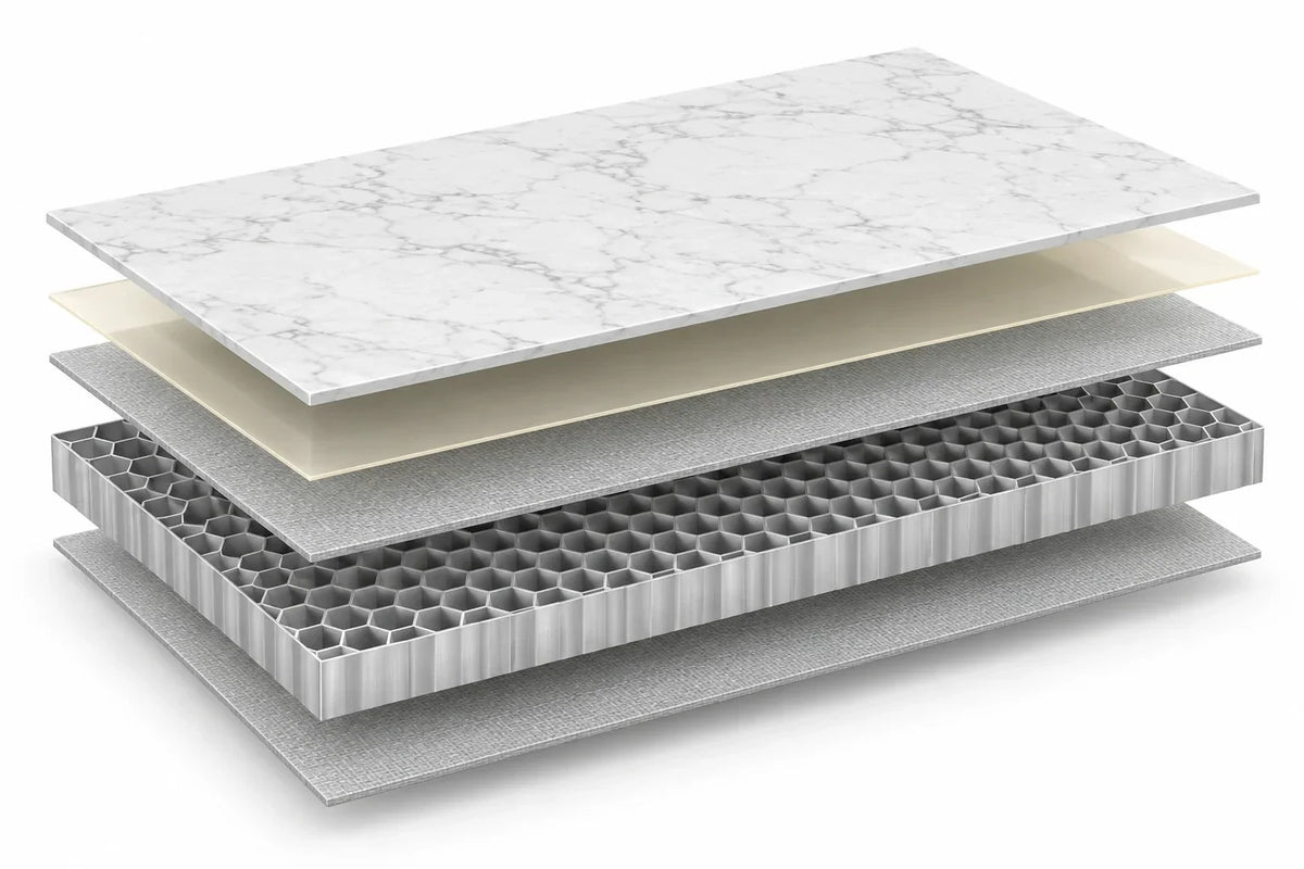 Porcelain face and bonded PU fiberglass honeycomb backing layers