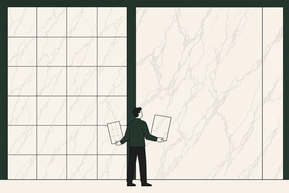 Flat illustration comparing marble-look porcelain tiles with a large-format slab and fewer joints