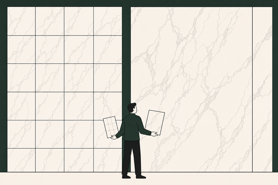 Flat illustration comparing marble-look porcelain tiles with a large-format slab and fewer joints