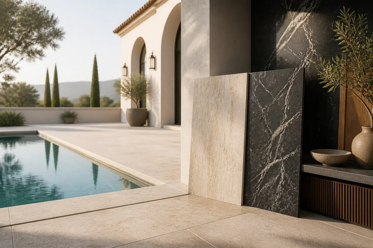 Porcelain and travertine samples beside a light neutral villa pool surround