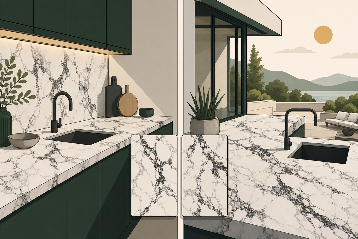 Flat illustration comparing an indoor marble-look quartz countertop with a sun-exposed sintered stone surface