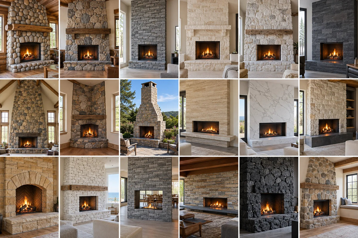 Collage of eighteen rock fireplace styles from rustic river rock and fieldstone to arched surrounds and modern slab looks