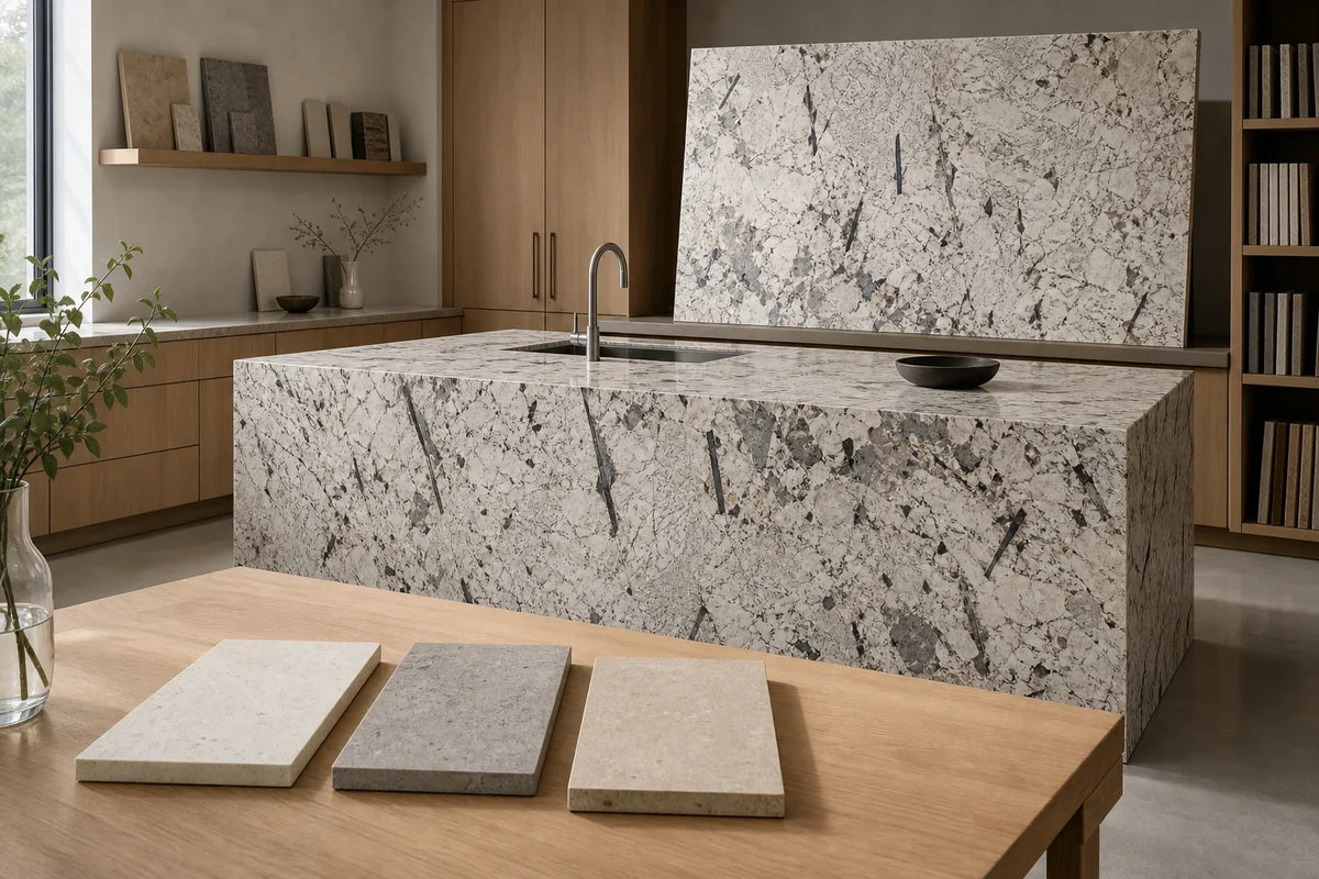 Silestone alternative countertop samples compared in a warm modern kitchen studio