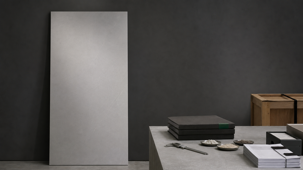 Full-height rice-ash sintered stone slab beside customs documents, material samples and a caliper