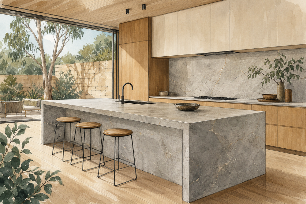 Editorial illustration of a contemporary Australian kitchen with a large sintered stone island and matching backsplash