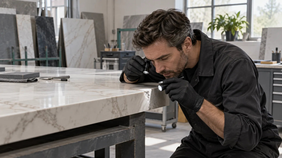 Stone specialist inspecting a chipped sintered stone countertop edge before repair