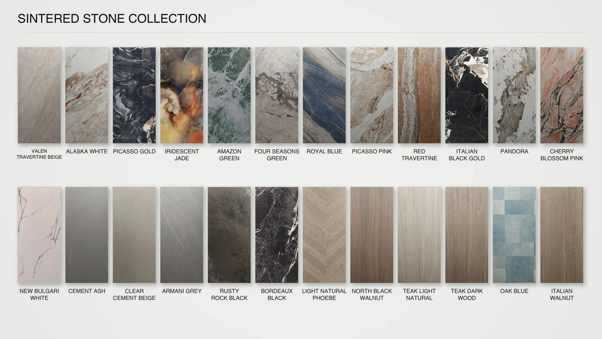 Funtek sintered stone color collection with white, beige, grey, black, green and statement slab options