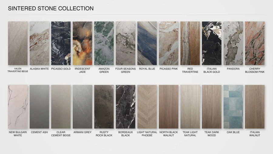 Funtek sintered stone color collection with white, beige, grey, black, green and statement slab options