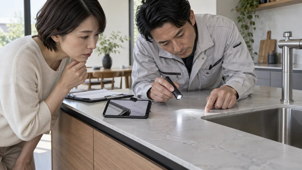 Japanese homeowner and fabricator inspecting a crack in a thin sintered stone countertop