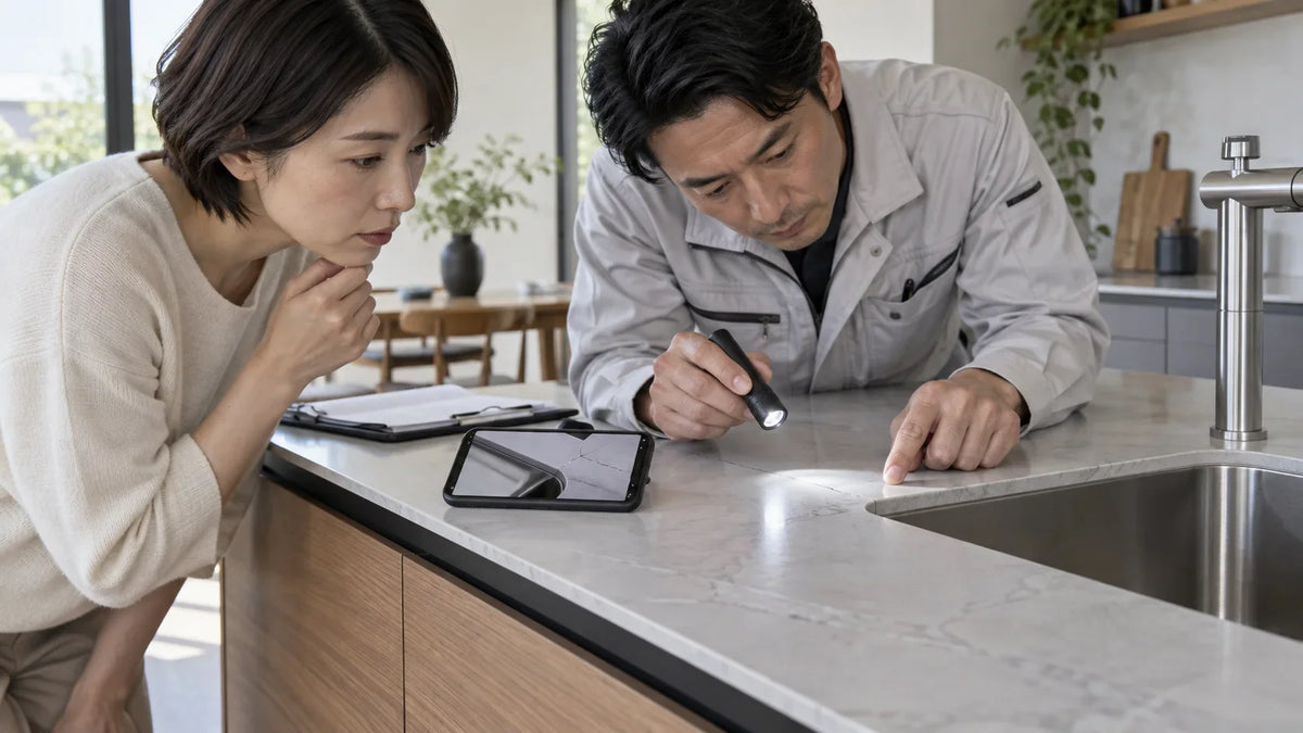 Japanese homeowner and fabricator inspecting a crack in a thin sintered stone countertop