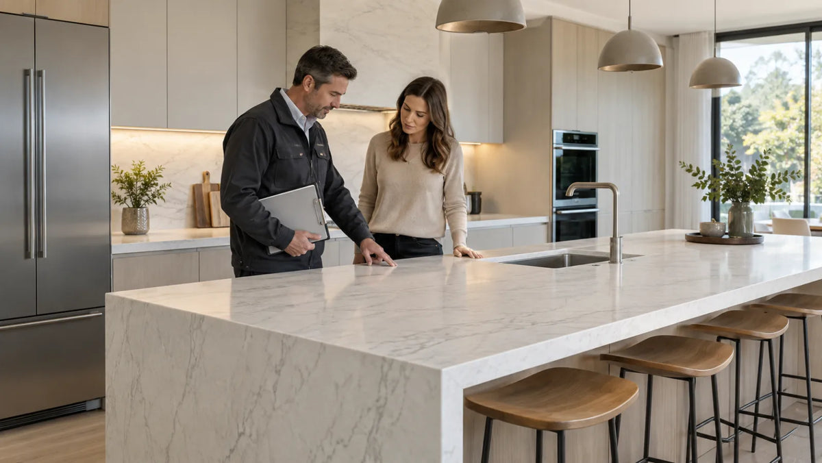 Client and project manager reviewing a newly installed sintered stone countertop