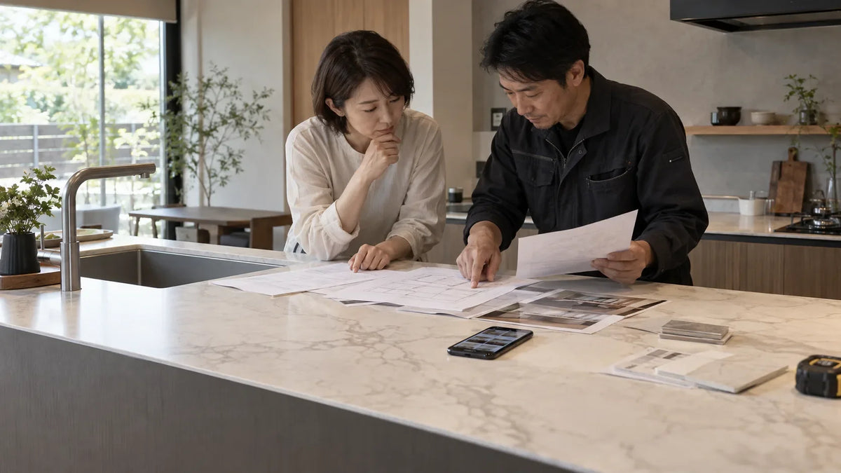 Japanese buyer and fabricator reviewing warranty documents beside a thin sintered stone countertop