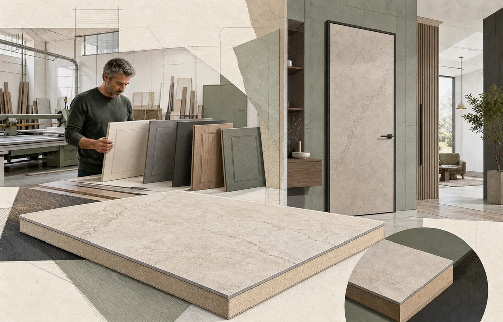 Editorial illustration of sintered stone slabs selected for cabinet and interior door panels
