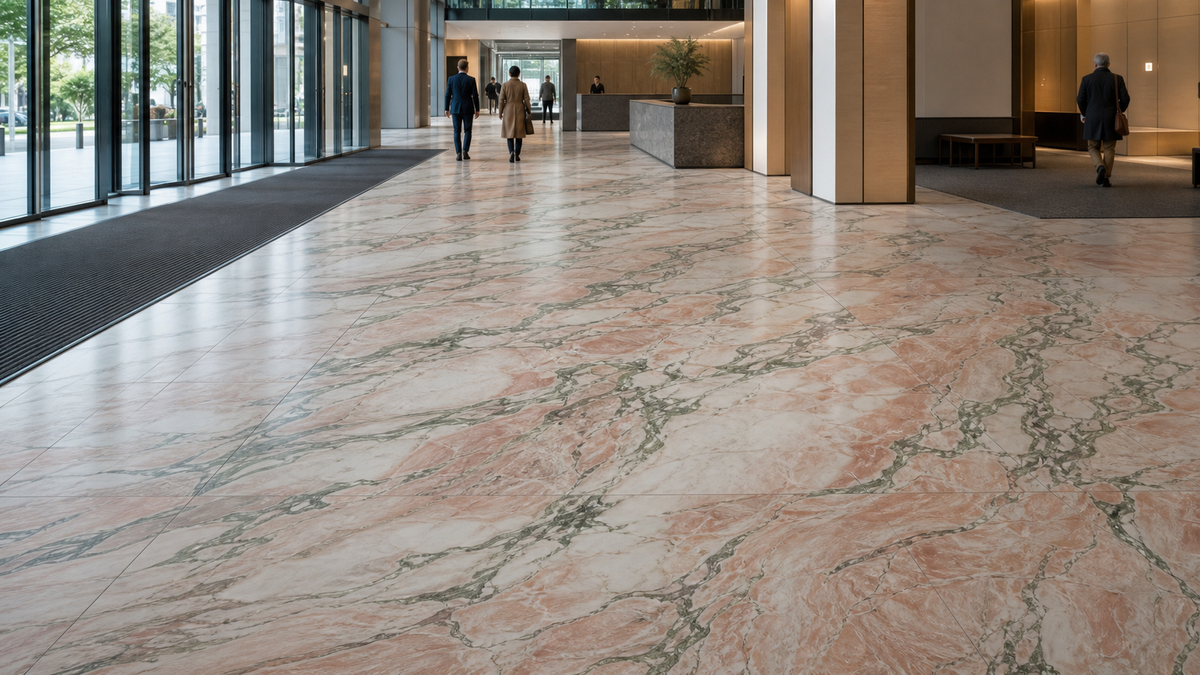 Large-format sintered stone flooring in a high-traffic commercial lobby with entrance matting and circulation space