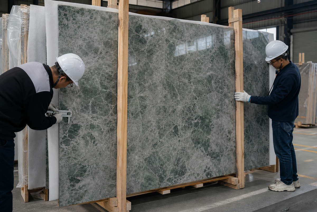 Factory workers measuring and packing a green sintered stone slab