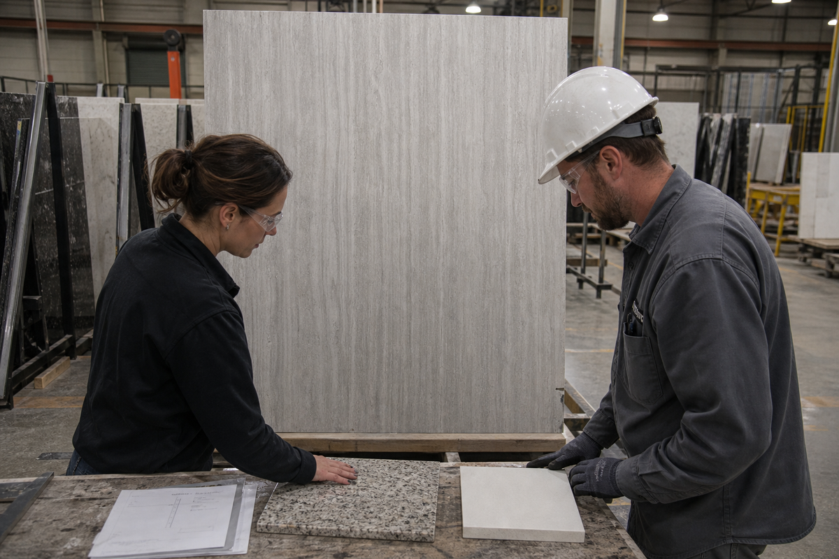 Factory team comparing sintered stone granite and quartz surface samples
