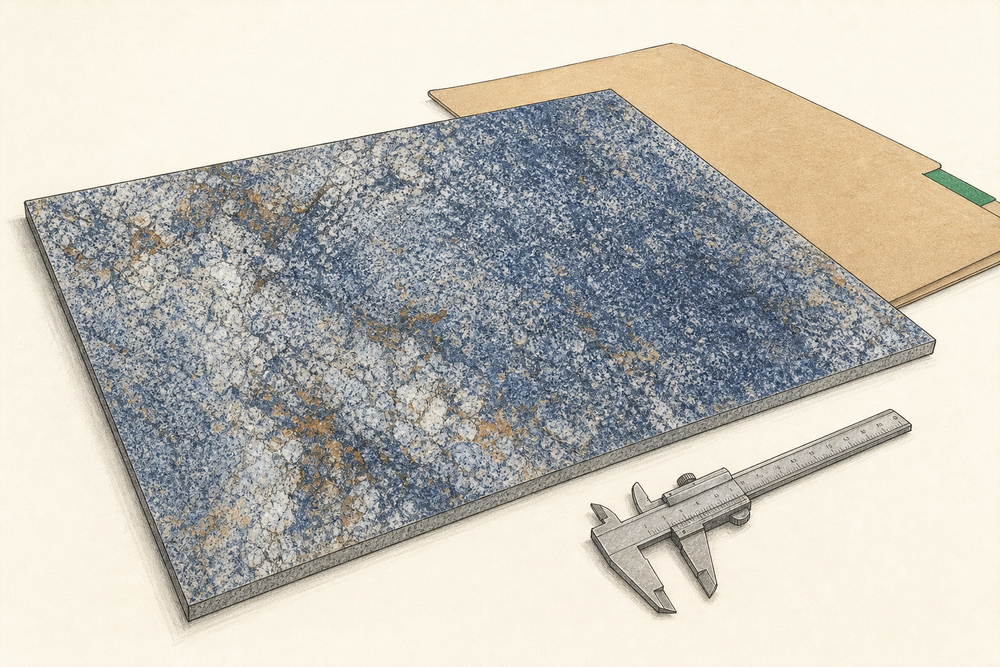 Blue mineral-pattern sintered stone sample beside a classification folder and caliper