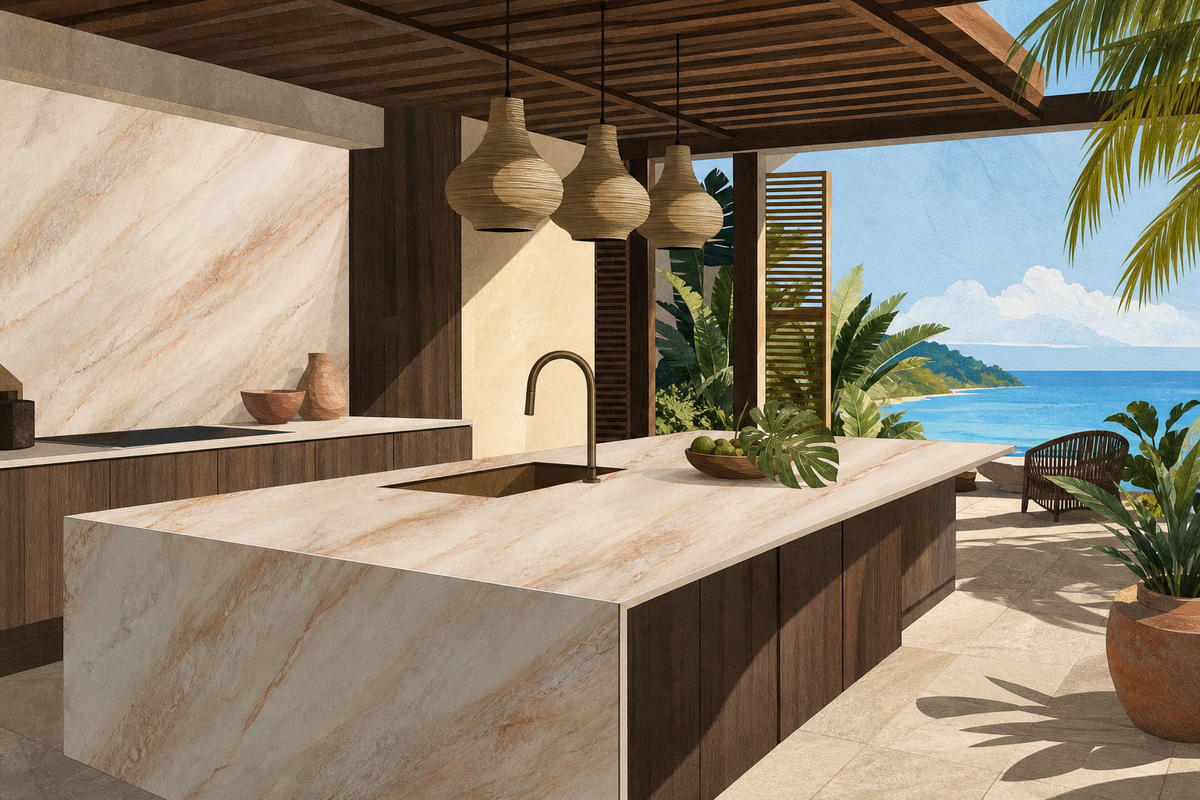 Unoccupied Jamaican coastal kitchen with thin Mountains Weaving-pattern sintered stone surfaces in cut-paper gouache style