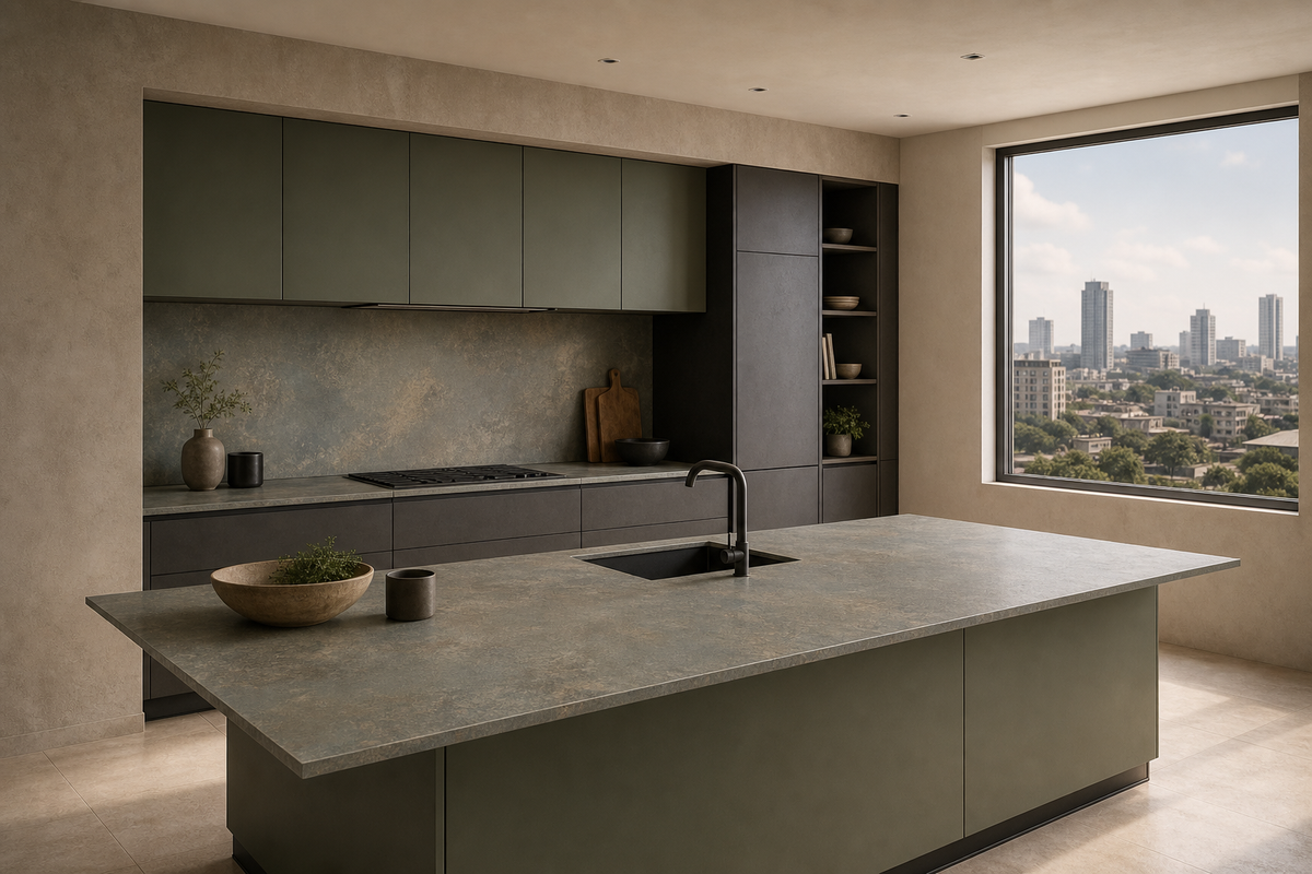 Unoccupied Nairobi kitchen with a thin grey-green mineral-pattern sintered stone island