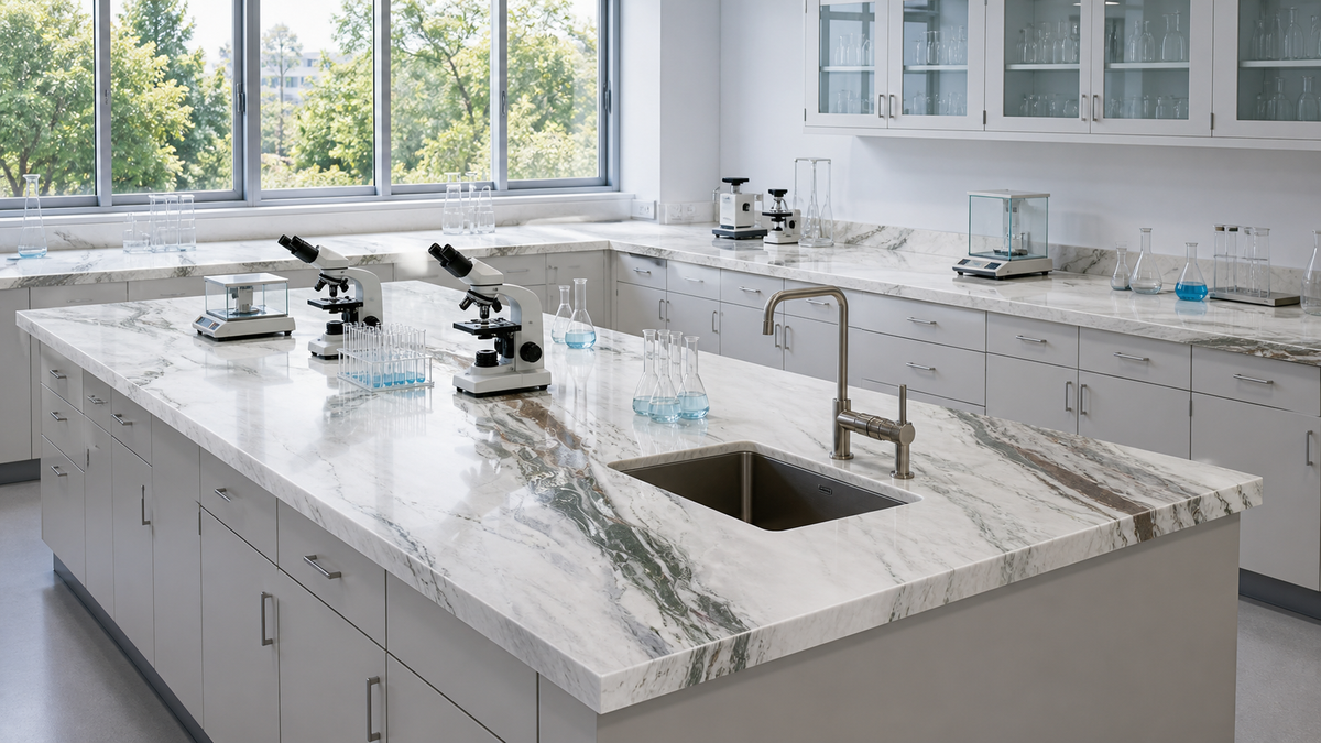 University research laboratory with large-format white and green sintered stone worktops