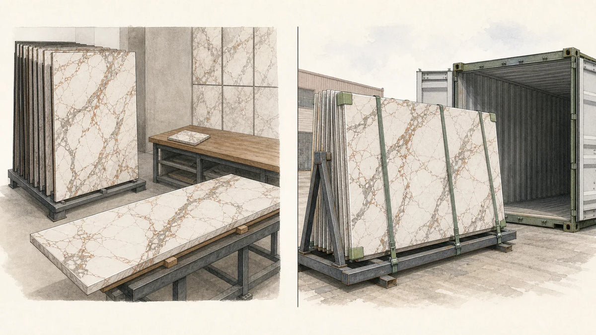 Magazine illustration comparing Lagos local sintered stone stock with factory-direct slab shipping
