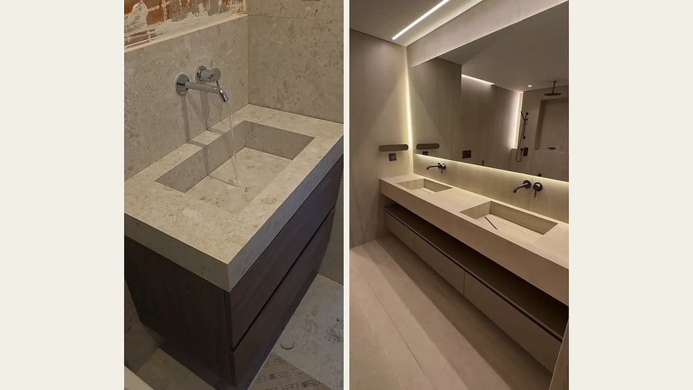 Single and double custom sintered stone lavatories shown in real bathroom installations
