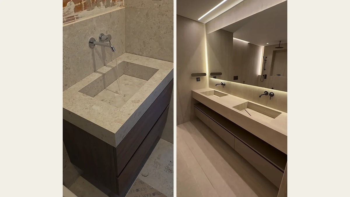 Single and double custom sintered stone lavatories shown in real bathroom installations