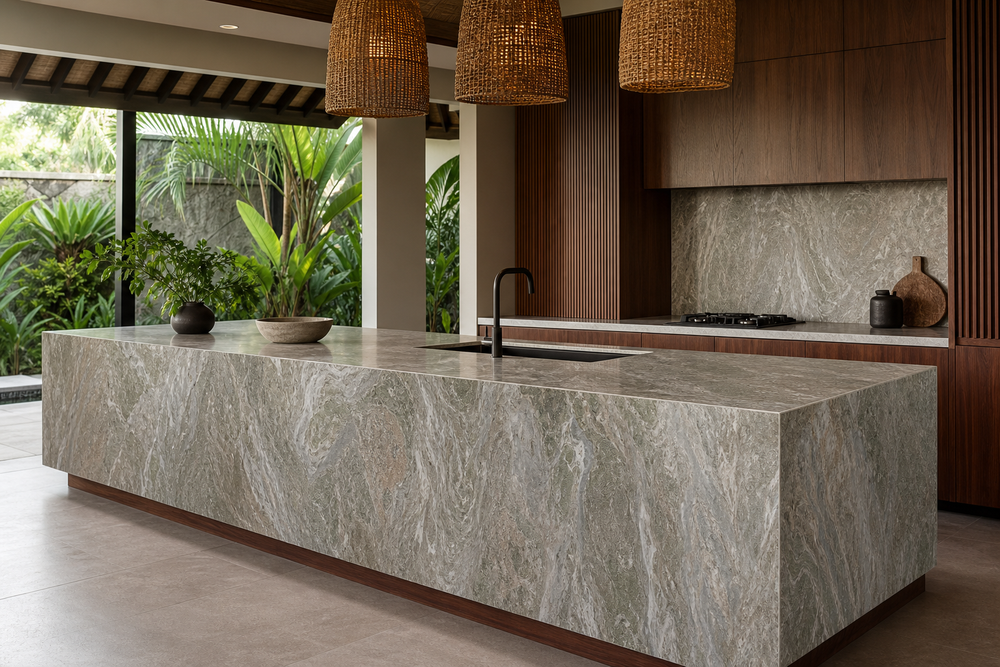Contemporary Philippine project kitchen with a thin grey-green patterned sintered stone island