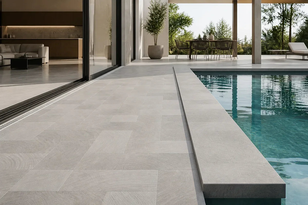 Light grey large-format pool surround with fabricated drop-edge coping